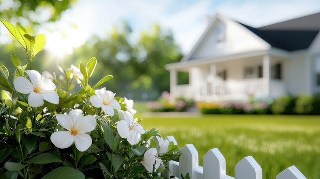 White flowers bloom in front of a white picket fence with a house in the background.