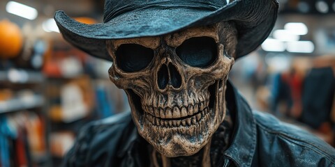 A detailed and eerie close-up of a skeleton wearing a black cowboy hat and leather jacket, taken in an indoor setting with a blurred background for enhanced focus