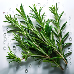 Obraz premium rosemary with water drops on a pitch solid white background