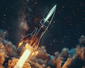 Fototapeta premium Retro Style Space Rocket Launching from Futuristic Spaceport with Nostalgia and Ambition
