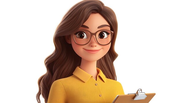 A smiling cartoon woman holds a clipboard, portraying professionalism with a friendly demeanor.
