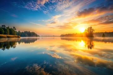 Obraz premium Early morning sunrise reflecting on lake water surface