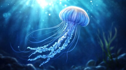 A translucent blue jellyfish with long tentacles floats in the ocean with sunlight shining through the water.