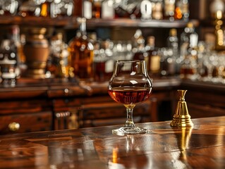 Vintage Bar Counter with Glass of Brandy and Brass Accents Evoking Timeless Elegance