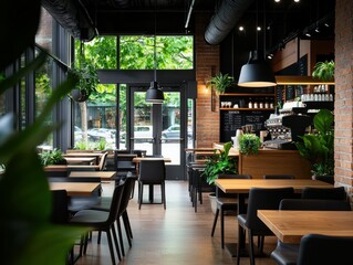 Obraz premium Modern cafe with a minimalist design, featuring large windows and a wooden bar counter.