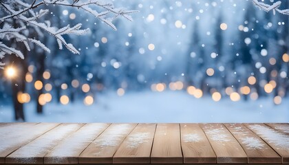Empty Wooden table with bokeh background of snowy winter season. Generative ai