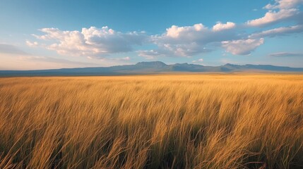 A vast golden field of tall grass stretches out under a blue sky with fluffy clouds, a distant mountain range on the horizon.