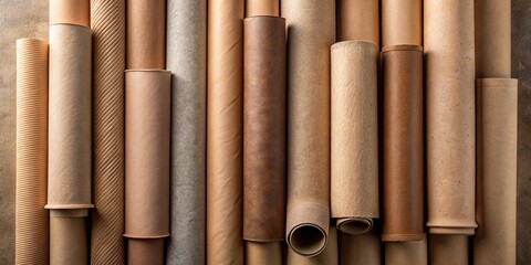 Earthy craft paper rolls arrayed on textured surface leading lines