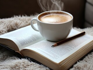 Cozy Coffee Moments: A Steaming Cup on an Open Book with Pencil – Perfect for Your Reading Nook or as a Sporty Interior Poster
