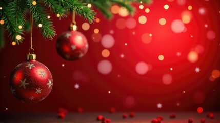 Christmas or New Year red balls toys on fir branches on red festive background with lights bokeh with copy space