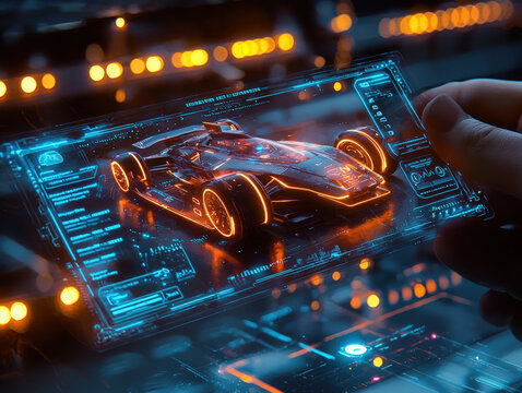 hand holding futuristic racing car hologram, showcasing advanced technology and design. glowing elements and digital interface create exciting atmosphere