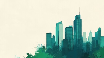A modern skyline with abstract green hues and buildings set against a soft background, creating a serene, urban atmosphere.