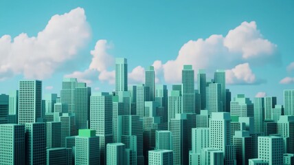 A vibrant city skyline with turquoise buildings under a clear blue sky, dotted with fluffy white clouds.