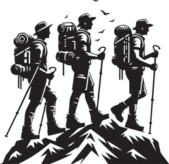 mountaineer climber hiker people, vector silhouette collection. Hiker Silhouettes. hiking man with rucksacks silhouette.