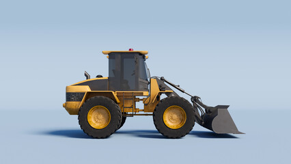 Bulldozer on a light blue background. 3D Rendering.