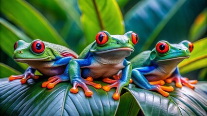 Colorful Frogs Sitting on Leaves in a Lush Green Environment Captured in Vibrant Detail