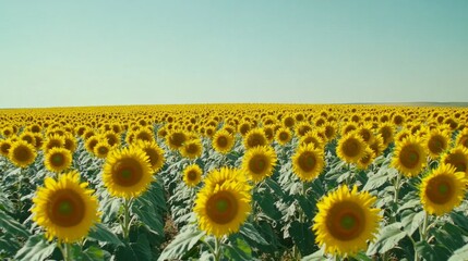 Fototapeta premium A vast field of sunflowers stretches out under a bright blue sky, creating a stunning scene of natural beauty.