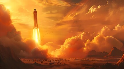 Powerful Space Rocket Blasting Off Into Fiery Orange Sunset Sky Over Desert Landscape