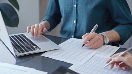 Business people professionals analyzing data on laptop. Close-up of auditor's hands reviewing financial spreadsheets in a modern office setting. Finance teamwork