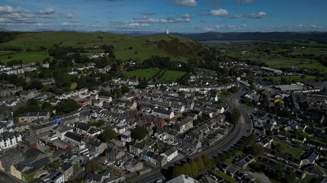 4K: Aerial Drone Video of Ulverston in Cumbria, England, UK. Flying towards the Town Centre and Hoad Monument. Stock Video Clip Footage