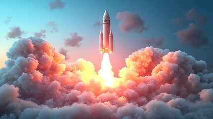 A rocket soars through clouds, symbolizing space exploration, innovation, and the future.