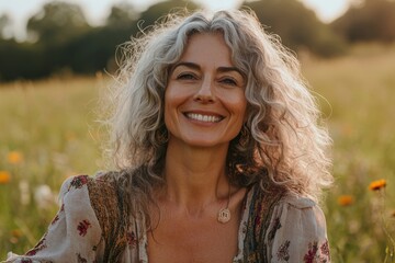 Happy mature woman advocating for veganism outdoors, Generative AI