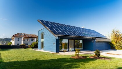 Obraz premium Modern house with solar panels on the roof with clear sky blue sky, background