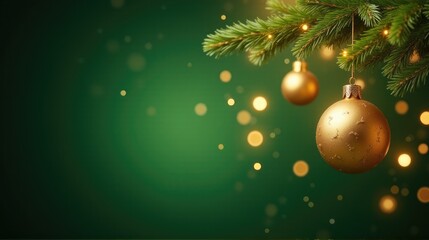 Christmas or New Year golden balls toys on fir branches on green festive background with lights bokeh with copy space