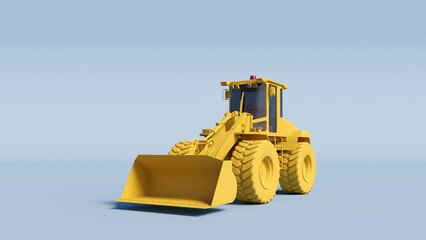 Yellow Bulldozer on a light blue background. 3D Rendering.
