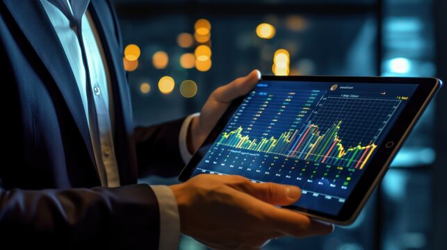 A businessman in a suit holds a tablet showing a stock market gr - Powered by Adobe