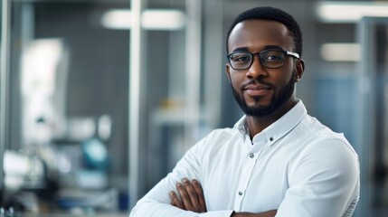 Portrait of a Black engineer with a focus on leadership and professionalism in a technical environment.