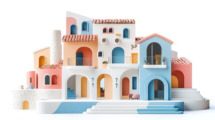 Fototapeta premium A 3D render of colorful Mediterranean architecture, complete with balconies and arches.