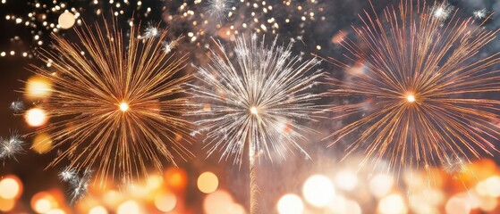 Fototapeta premium A bright display of fireworks accompanied by a soft bokeh glow, creating a joyful New Years Eve atmosphere