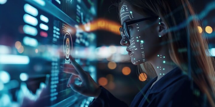 Female cryptocurrency trader uses hologram tech, cloud computing, strategies for investment growth. Woman smiles, works on computer, surrounded by screens, Wi-Fi connectivity. Happy, confident, - Powered by Adobe