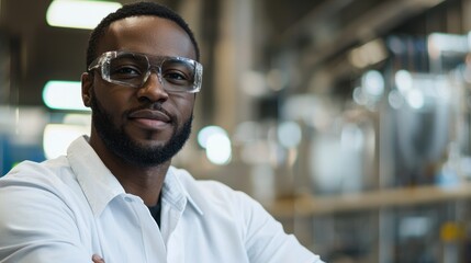 Portrait of a Black engineer with a focus on leadership and professionalism in a technical environment.