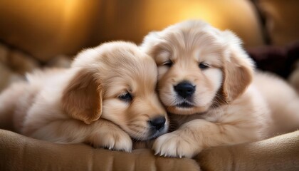 Close-Up of Two Adorable Golden Retriever Puppies Sleeping Peacefully Together with Their Noses Touching, in a Warm, Cozy Setting with Soft Golden Lighting Creating Dreamy Atmosphere of Pure Serenity
