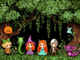 Naklejka premium Whimsical Adventures: Children as Fantastical Creatures in a Magical Forest – Perfect as a Poster for Inspiring Sports Interiors!