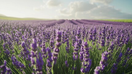 A field of lavender flowers in full bloom, with the sun shining in the background.
