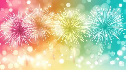 Fireworks bursting in vibrant colors against a sparkling bokeh backdrop, perfect for New Years greeting cards and messages