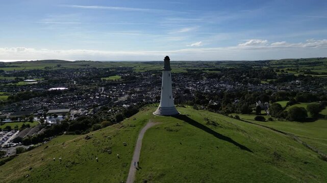 4K: Aerial Drone Video of Sir John Barrow Monument on Hoad Hill, Ulverston in Cumbria, England, UK. From behind. Stock Video Clip Footage