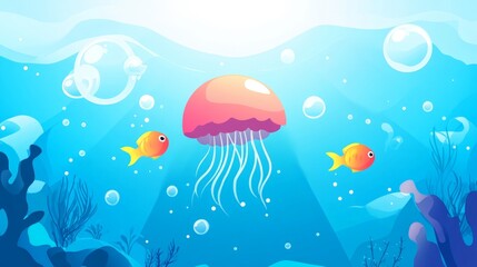 An underwater scene with a jellyfish, two fish, and bubbles, set against a blue background with sunlight shining down.