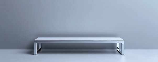 Minimalist design features a sleek white table against a soft gray backdrop, ideal for contemporary interior decor