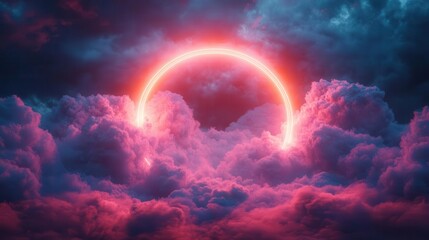 neon ring encircling a fluffy blue and pink cloud set against a deep black background creating an ethereal and futuristic vibe that blends whimsy with a touch of cosmic wonder in a 3d style