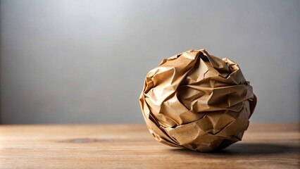 Eco friendly crumpled brown craft paper ball on table minimalist