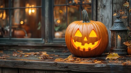 Fototapeta premium A beautifully carved jack-o'-lantern with a glowing face sits on a rustic wooden surface surrounded by autumn leaves during the Halloween season