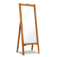 A full-length wooden mirror with an easel design, reflecting a clear image.
