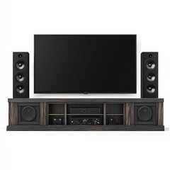 Modern entertainment center with a TV and audio system for home viewing.