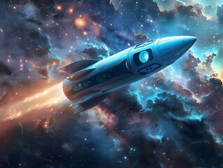 Obraz premium Futuristic Space Rocket Ventures into the Cosmic Unknown with Glowing Blue Engines