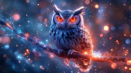 An intricately detailed owl with glowing orange eyes on a futuristic branch amidst neon light trails