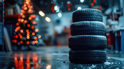 Christmas tree made of car tires on a festive background of a car repair shop garage or tire shop. Creative postcard with New Year and Christmas